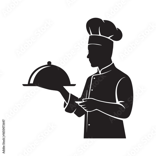 modern restaurant icon vector featuring chef with uniform hat and serving tray for gourmet cuisine menu design use