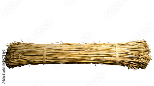 Bundled dry palm leaves tied with rope on a white background