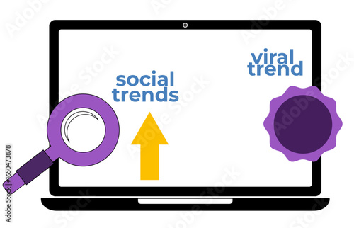 Modern flat illustration of laptop screen with magnifying glass, social trends arrow, and viral trend badge, concept design for online marketing, digital influence, and social media analytics
