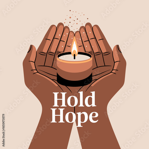 Two cupped hands gently hold a lit candle with the words hold hope written below symbolizing faith resilience and a guiding light through difficult times