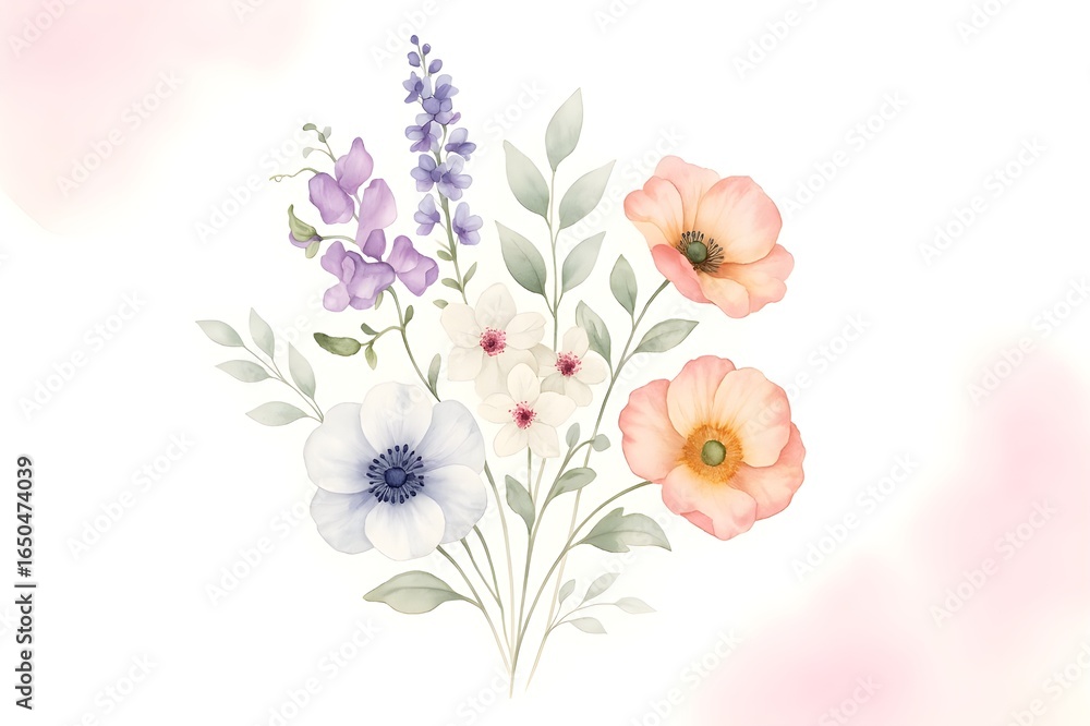 Fototapeta premium Watercolor floral bouquet with anemones, poppies, lavender, and delicate blossoms in pink, purple, white, and peach tones with soft green leaves on white background, elegant hand-painted botanical