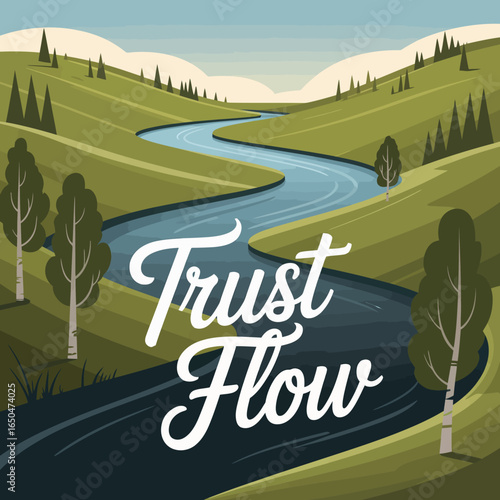 Serene winding river flowing through lush green rolling hills and valleys with scattered trees under a clear blue sky conveying a sense of trust and natural flow