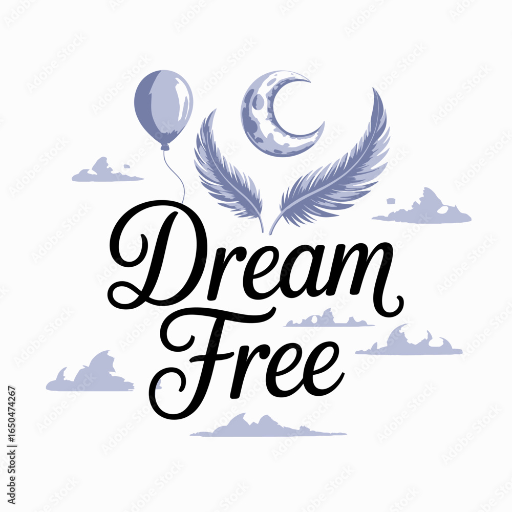 Obraz premium Dream big and fly free with a balloon and angel wings under a crescent moon surrounded by soft clouds inspiring typography for hope and imagination