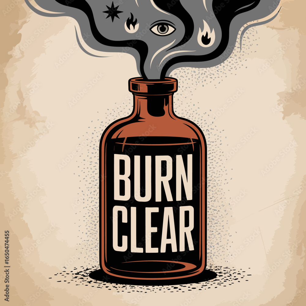 An antique amber glass bottle labeled burn clear with dark smoke billowing out containing symbols of eyes stars and flames representing pollution or environmental damage
