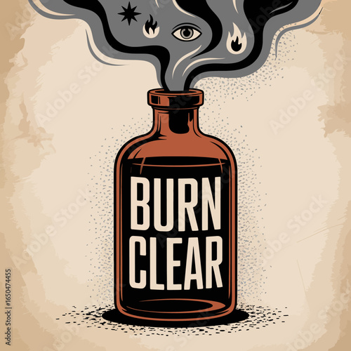 An antique amber glass bottle labeled burn clear with dark smoke billowing out containing symbols of eyes stars and flames representing pollution or environmental damage