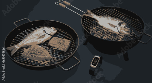 A modern concept of healthy eating and technology with barbecued sea bream on grills and a smart watch