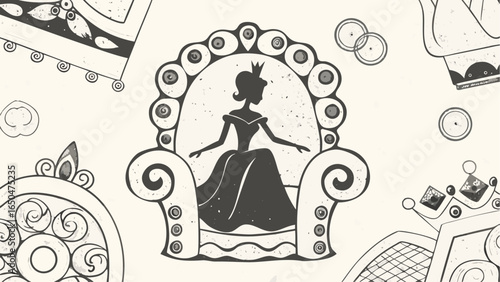 Illustration of a queen sitting on an ornate throne surrounded by decorative elements and crowns design