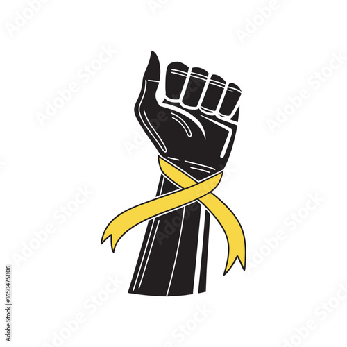  Black hand silhouette gesturing stop sign, yellow ribbon highlighting suicide prevention awareness