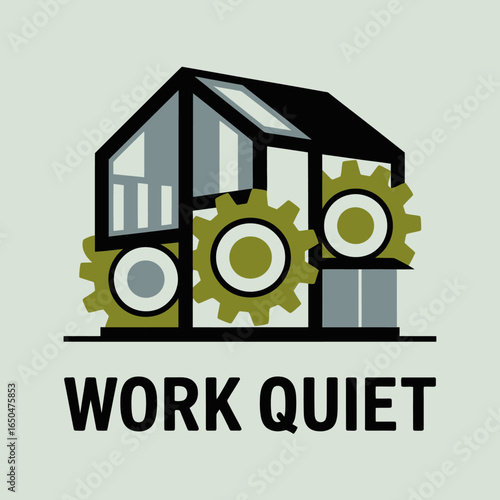 Green greenhouse with gears inside symbolizing quiet work or eco friendly operations and a peaceful work environment with the text work quiet