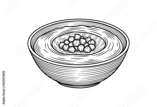 Detailed illustration of a bowl of hummus topped with chickpeas, in an engraved, black and white style.