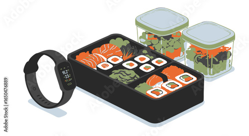 Concept of modern wellness and diet, featuring a wearable activity tracker alongside a prepared Japanese sushi meal and salads
