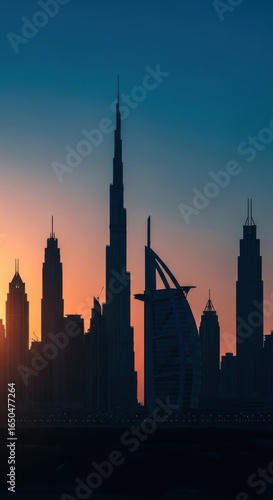 Dramatic silhouette of Dubai skyline during a vibrant twilight transition