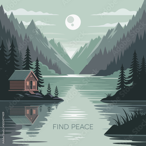 Serene mountain lake scene with a cozy cabin nestled amongst pine trees under a full moon reflecting in the calm water evoking tranquility and peaceful solitude