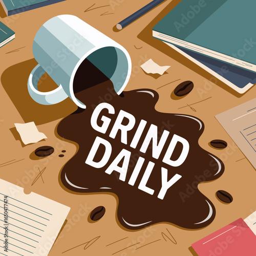 A spilled coffee mug on a desk with the words grind daily written in the spilled coffee symbolizing hard work and daily hustle