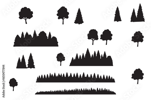 Forest trees set. Isolated vector silhouette. Coniferous forest. Christmas tree, fir-tree, pine, pine-tree, Scotch fir, cedar