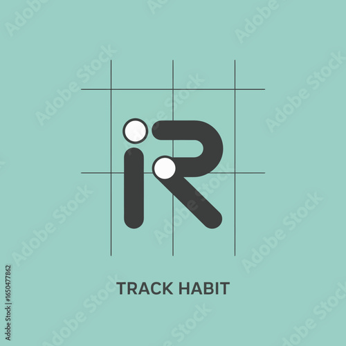 Modern abstract logo design featuring the letters ir with two small circles and the text track habit below set against a teal background with subtle grid lines