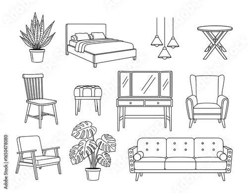 Black and white line art illustration of furniture and plants, minimalist style design, vector.