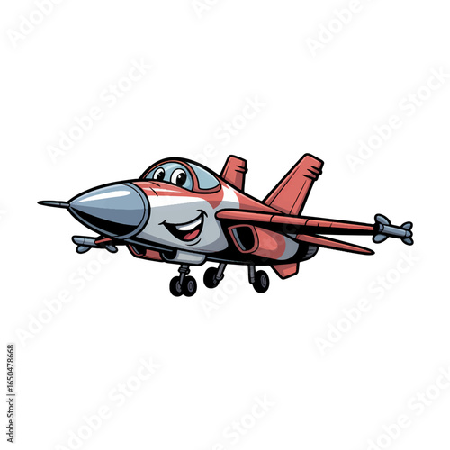 Colorful cartoon fighter jet flying happily in a clear blue sky with cartoonish features and a cheerful expression