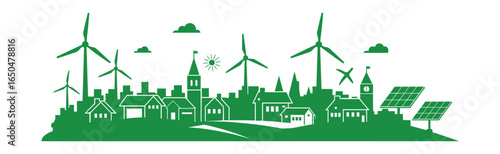 Green silhouette of a sustainable cityscape. Houses, wind turbines, and solar panels Vector Illustration.
