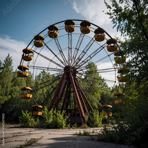 Abandoned ferris wheel in forest