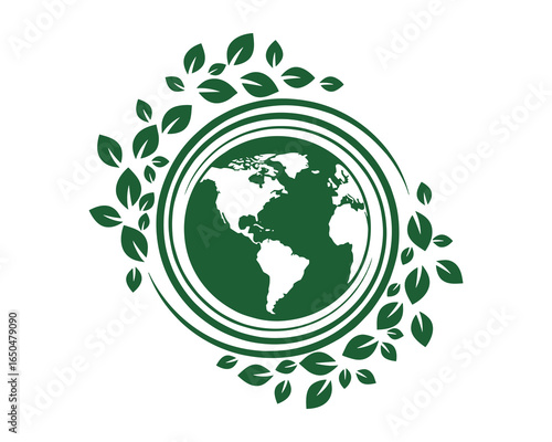 Globe with leaves, ecological concept design. Vector illustration showing the world map and planet.