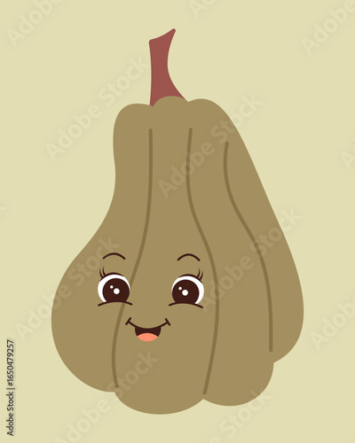 Cute green pumpkin with smiling face and big eyes. Funny autumn vegetable character illustration for kids, harvest, Halloween, food design, healthy lifestyle and seasonal decoration.