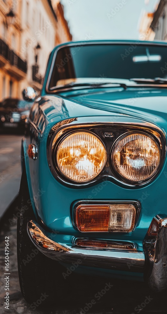 Fototapeta premium Close-up of a teal classic car's front end. Urban street scene in background