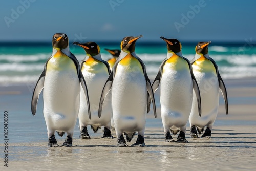 Group of king penguins walking together on a sandy beach with blue ocean waves in the background under bright sunlight. Wildlife, nature, bird, colony, and ocean life concept.