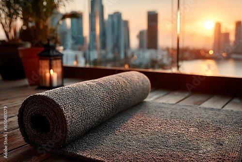 Fototapeta Naklejka Na Ścianę i Meble -  Rolled yoga mat on wooden deck with city skyline at sunset textured gray