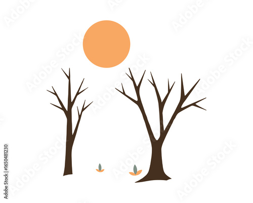 Simple autumnal scene featuring bare trees against an orange sun. Flat colors. Minimalist design.