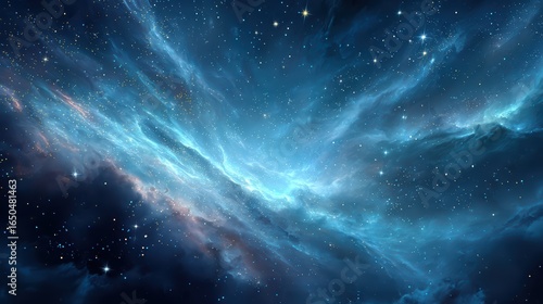 Blue purple nebula in deep space: Cosmic galaxy with twinkling stars and glowing celestial clouds