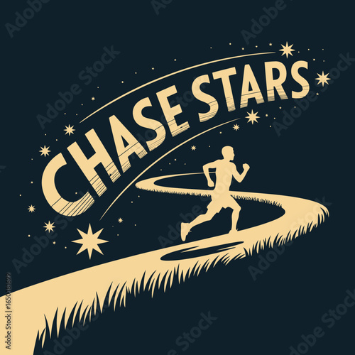 Silhouette of a person running on a path towards a starry sky with the words chase stars in a golden arc symbolizing aspiration and achievement