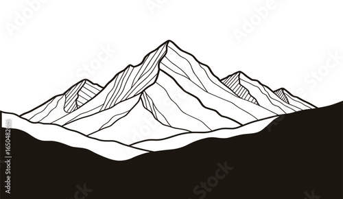 Simple outlined mountain landscape. Black and white design ideal for nature, travel and adventure themes.