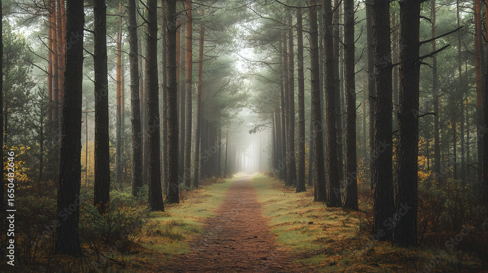 Fototapeta premium Misty Forest Pathway Lined with Tall Trees