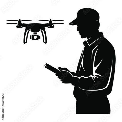 Drone Operator Silhouette with Remote Control and Flying Drone