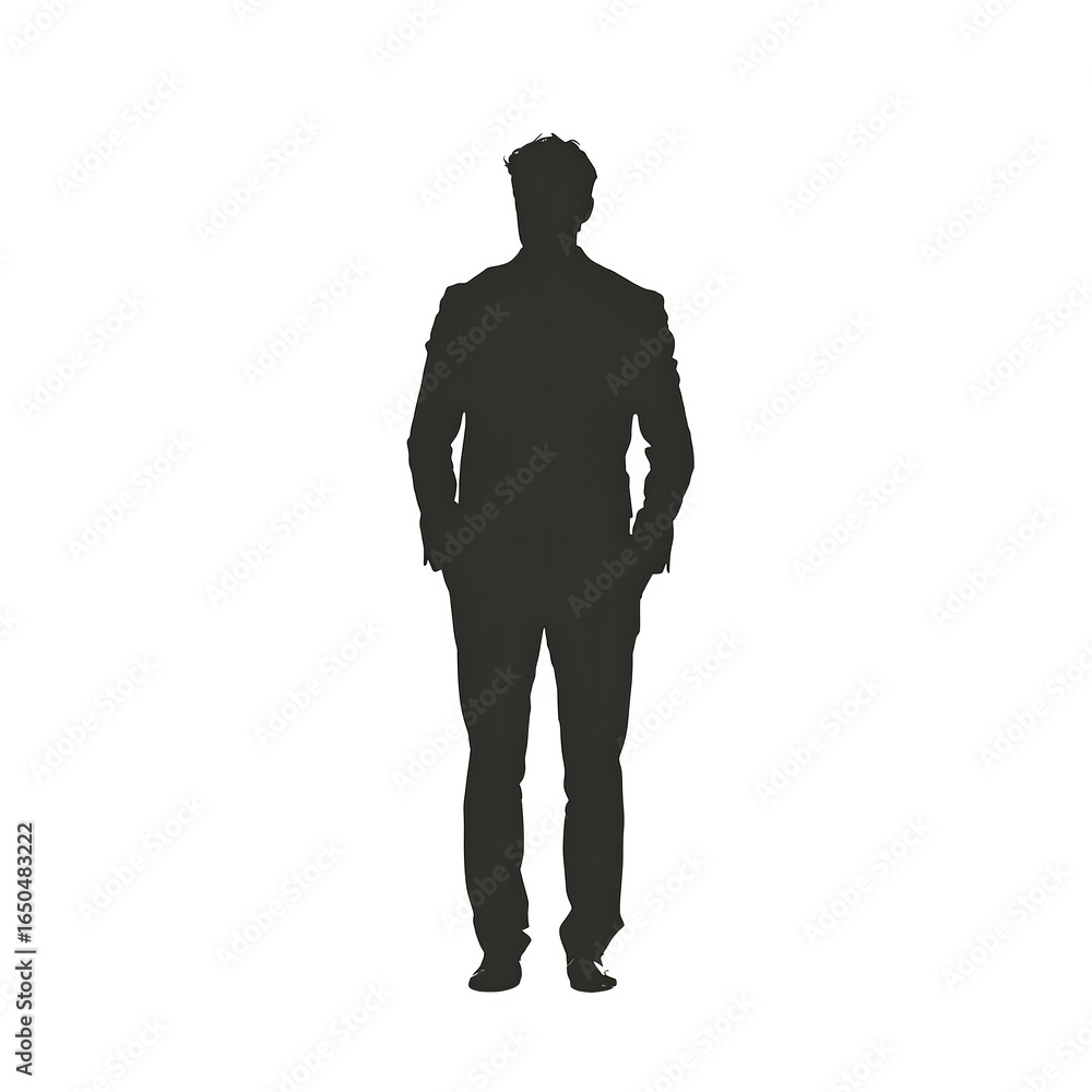 Black silhouette of a man in a suit. Minimalist style portrait photography, branding, or posters.