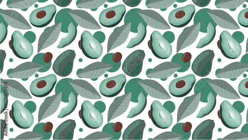 Seamless avocado and leaf pattern on white background