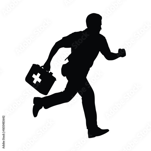 Silhouette of a man running with a first aid kit