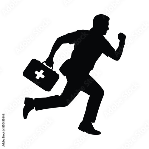 Silhouette of running man with first aid kit emergency response