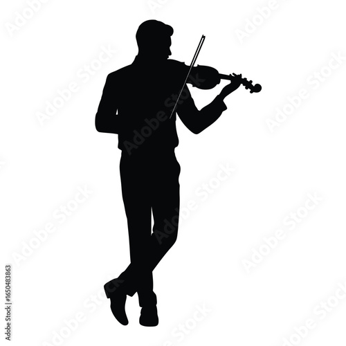 Silhouette of Violinist Playing Violin with Crossed Legs on White
