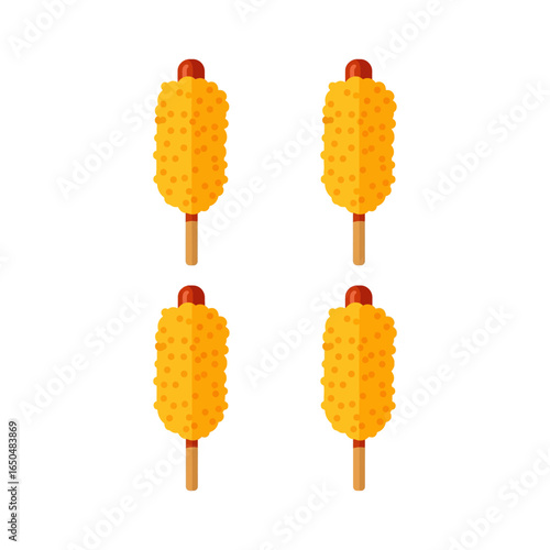 Four golden corn dogs on a stick