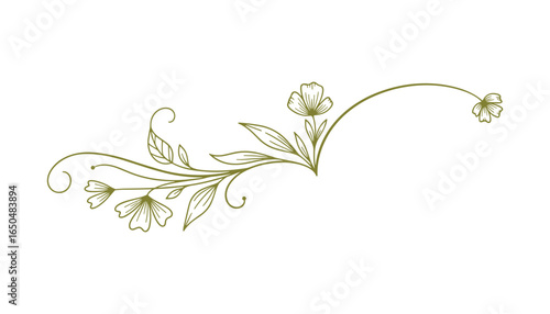 Elegant olive floral branch ornament with stylized flowers and leaves. A decorative design element.