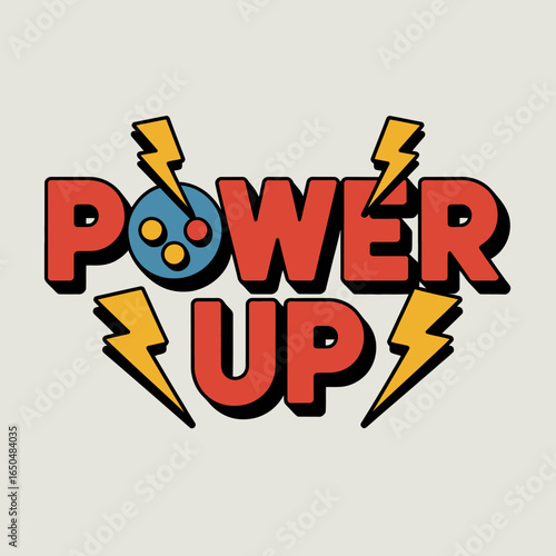 Retro gaming power up graphic with bold red text and lightning bolts featuring a vintage joystick and vibrant colors evoking nostalgia for classic video games and arcade fun