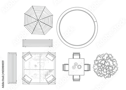 Black and white plan view of outdoor furniture set with umbrella, seating, table, and potted plant.