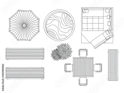 Top view plan layout with outdoor furniture, including a sofa, table with chairs, an umbrella, and plants. Vector Illustration.