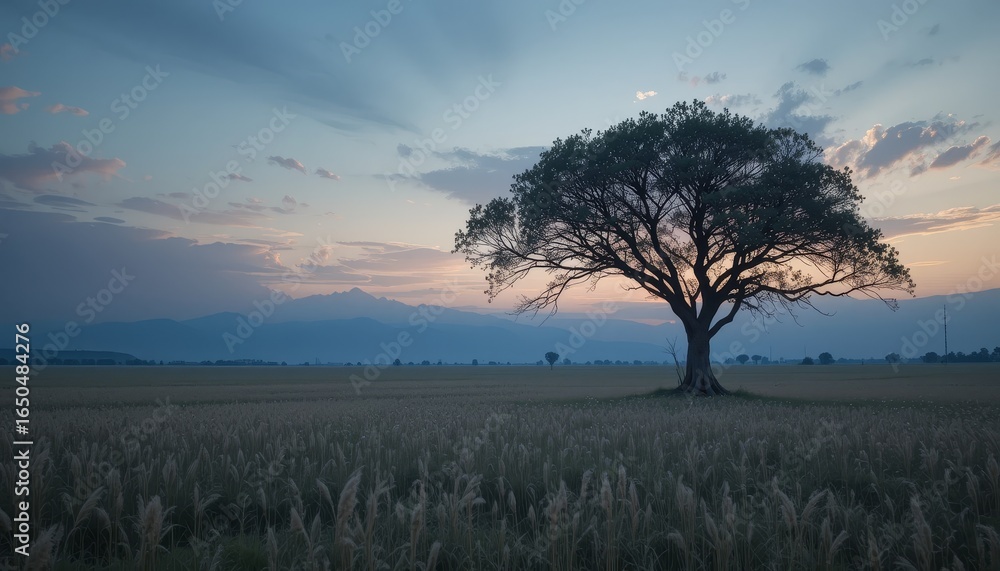 Obraz premium Under a serene evening sky, a lone tree stands tall in the center of an open prairie.