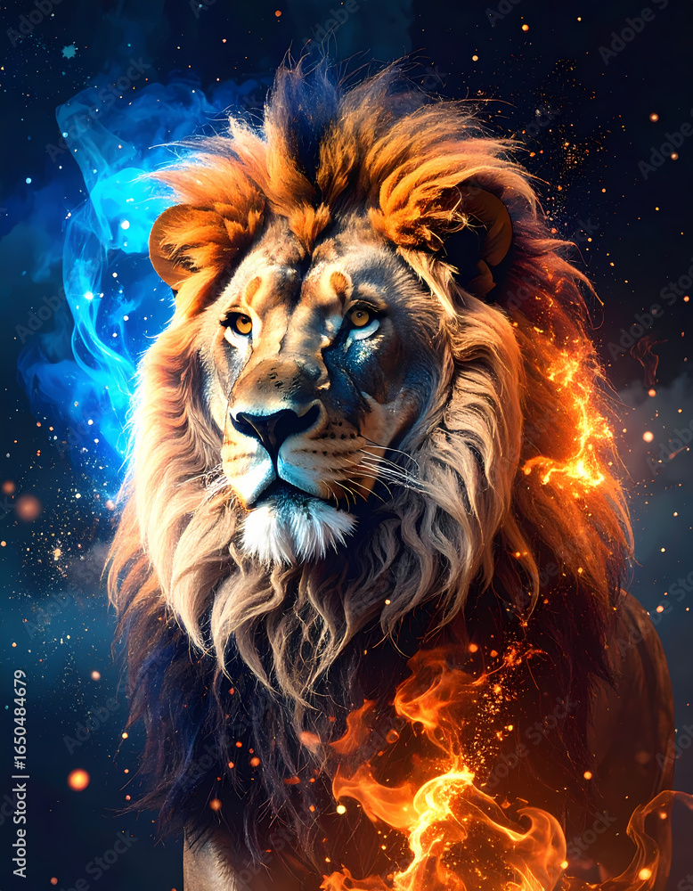 Naklejka premium Lion portrait with fire and smoke effects