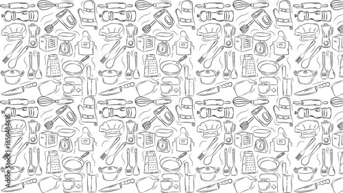 Seamless pattern of kitchen utensils in black line