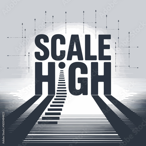 Conceptual graphic representing growth and ambition with the words scale high illuminated by a bright light and a long shadow creating a path forward
