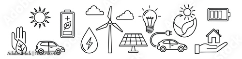 Eco-friendly energy icons set. Collection of sustainable and renewable energy resources. Vector Illustration.